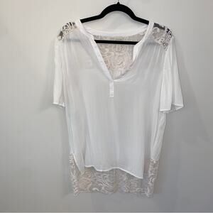 Chico’s White Loose Fit Lace Back & Trim Short-Sleeved Tunic Blouse 1/Medium
